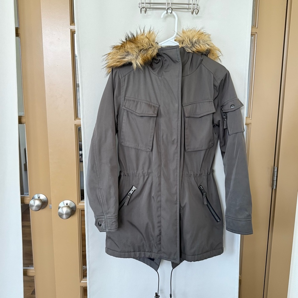 S13 Womens XS Olive Green Faux Fur Trim Hood Anorak Mid‎ Length Jacket Coat